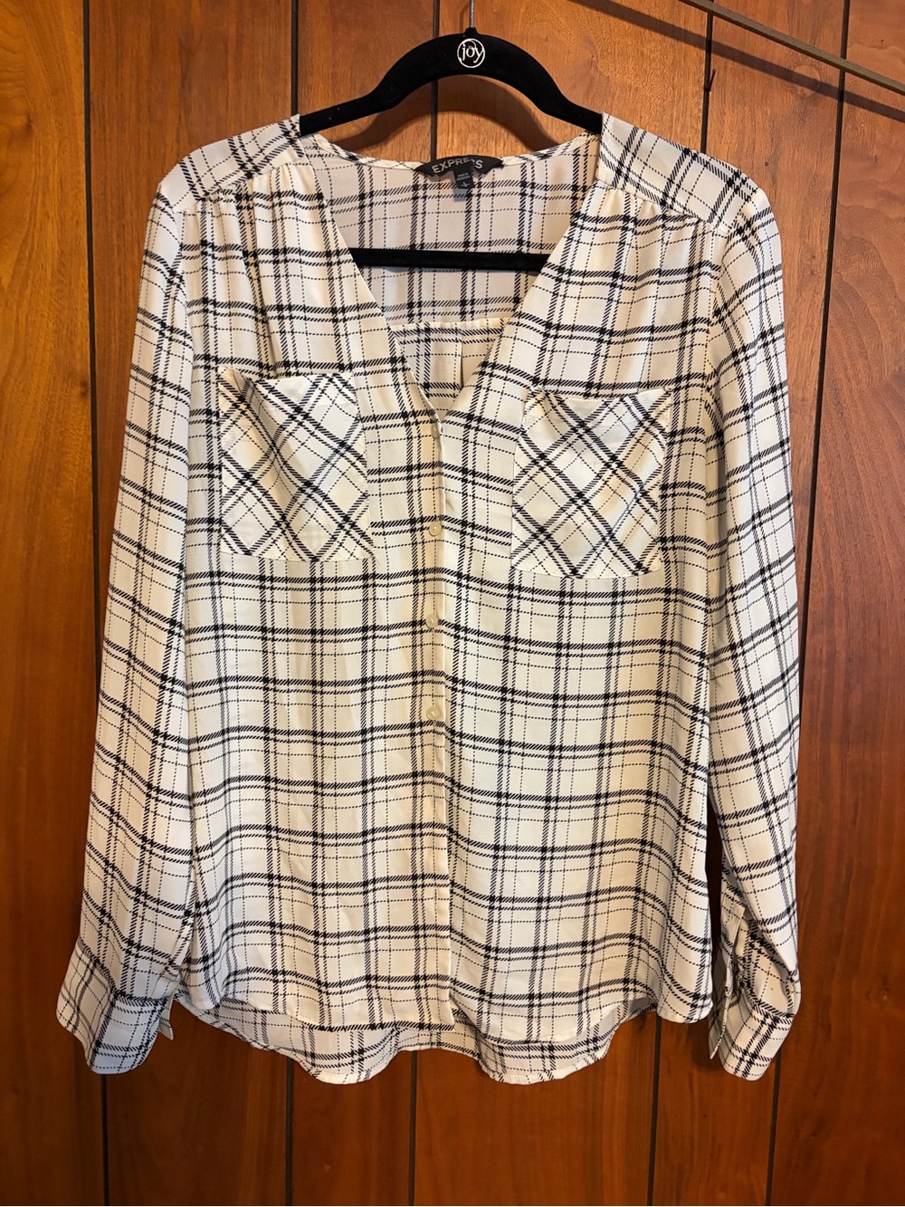 Express Cream and Black Plaid Button-Front Shirt